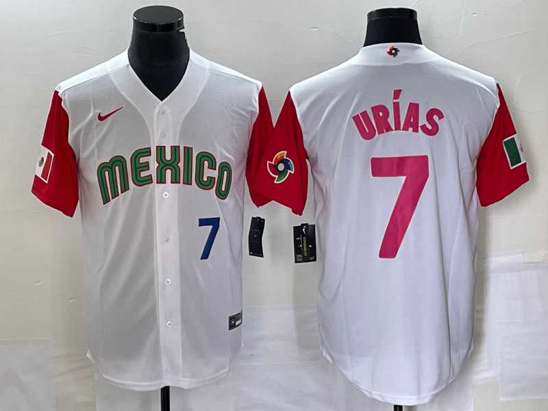 Mens Mexico Baseball #7 Julio Urias Number 2023 White Red World Classic Stitched Jersey 28